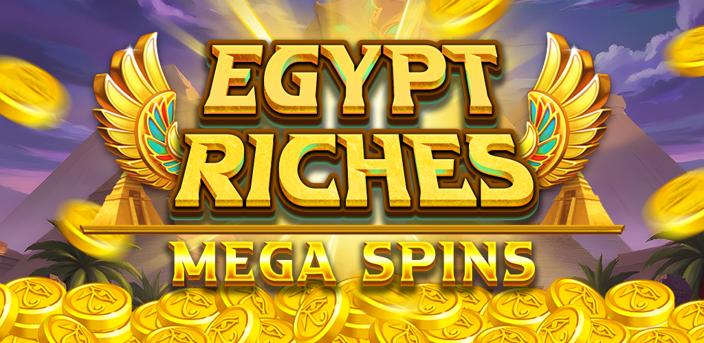 Egypt Riches: Mega Spins banner with pyramids, coins, and glowing gold title
